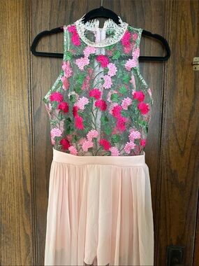 Pink Floral Embroidered Romper with Train Dress